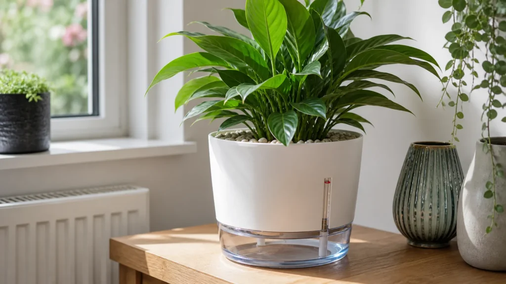 Indoor self-watering planter with a healthy houseplant