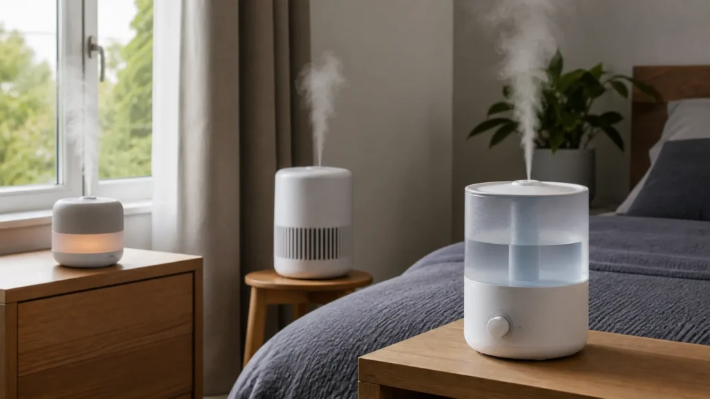 Four bedroom humidifier styles compared in a calm UK bedroom