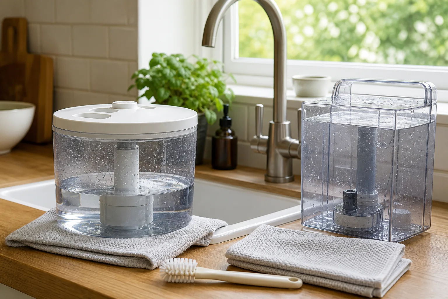 Top-fill and lift-out humidifier tanks ready for cleaning at a sink
