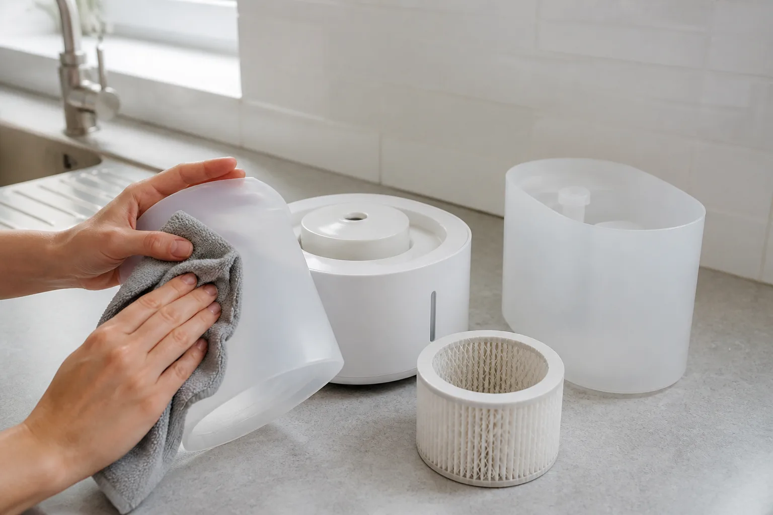 Cleaning a humidifier water tank beside its replacement filter