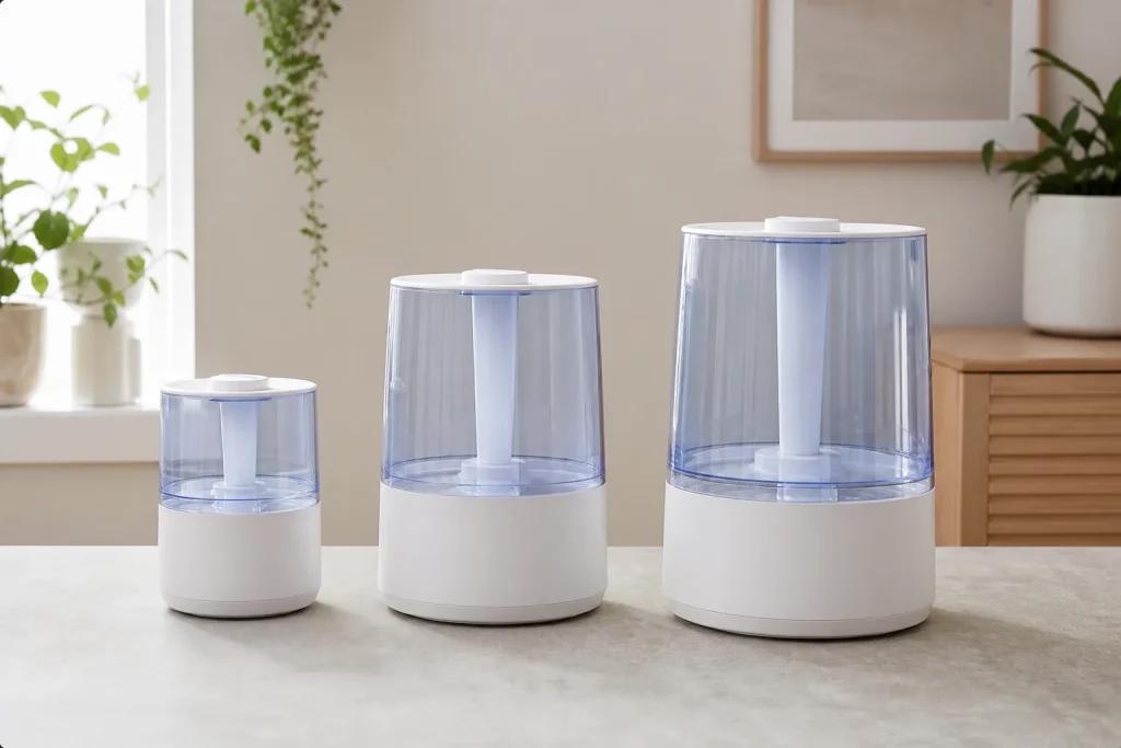 Small, medium and large humidifier tanks for comparing capacity and runtime
