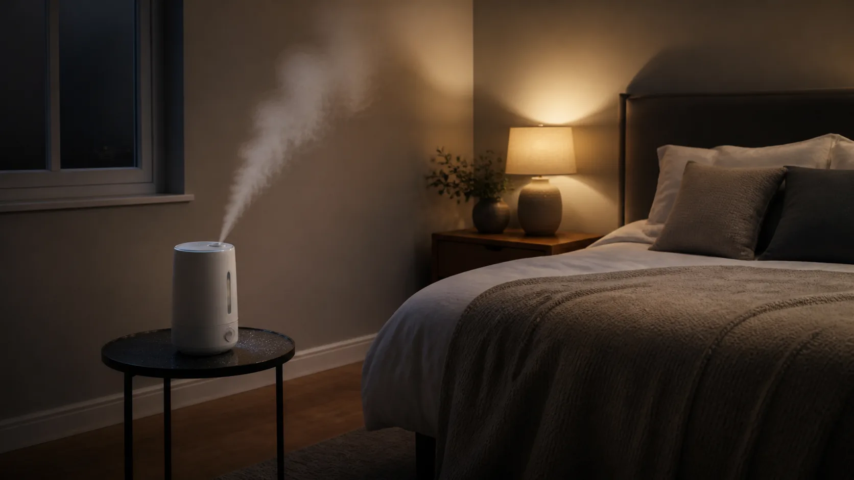 Bedroom humidifier positioned away from bedding walls and electronics